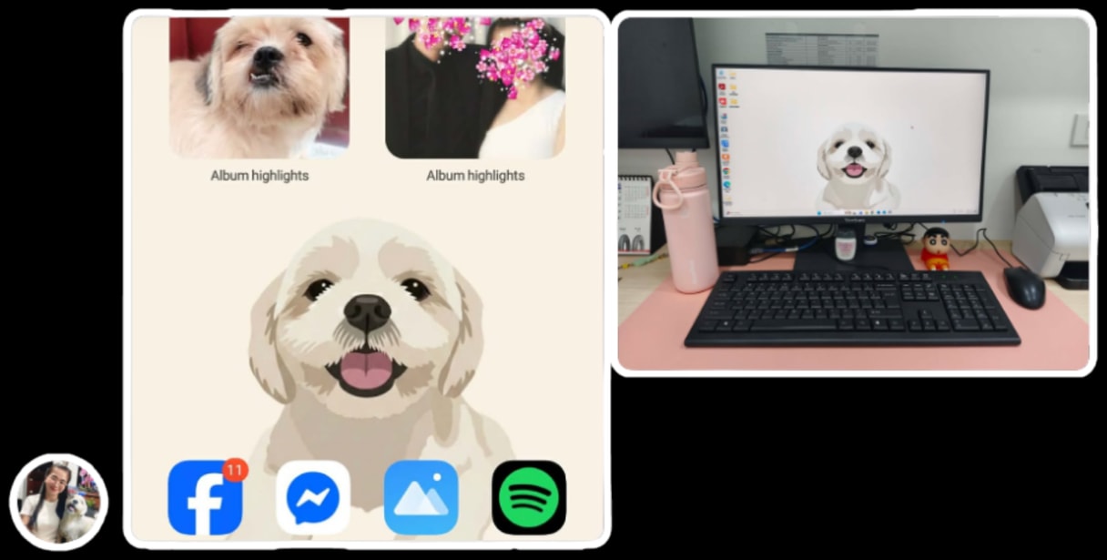Customer photo showing their dog's finished Pawtrait wallpaper on a phone and desktop monitor.